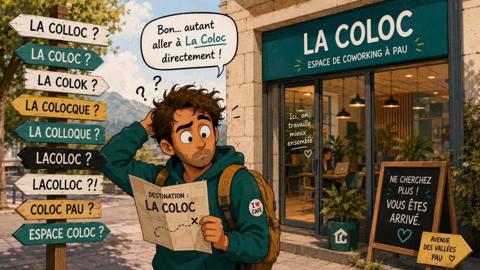 Un homme tient une carte devant le bâtiment La Coloc, entouré de panneaux directionnels humoristiques.