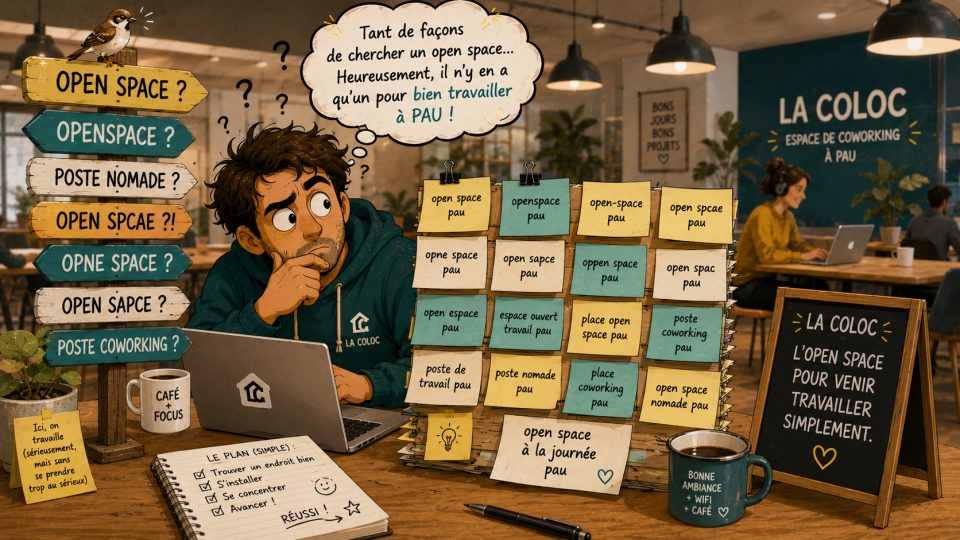 Homme pensif devant un ordinateur entouré de post-it avec des recherches pour un coworking à Pau.