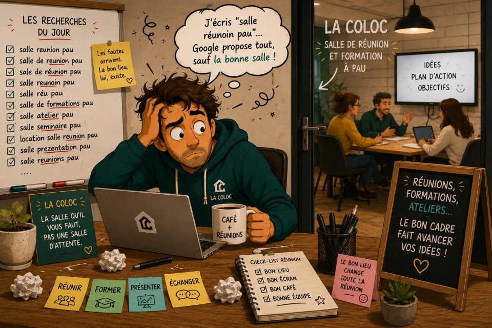 Homme frustré devant son ordinateur cherchant une salle de réunion à Pau, avec un espace de coworking en arrière-plan.