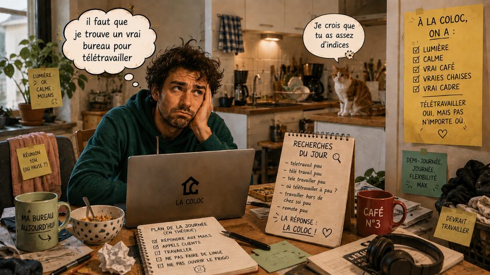 Homme travaillant sur un ordinateur portable à la maison, entouré d'objets et de notes humoristiques.