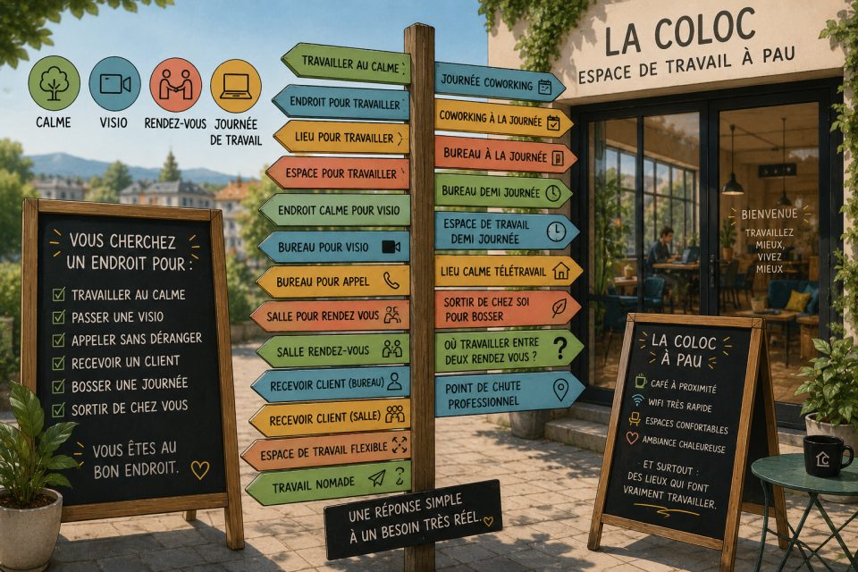 Entrée de La Coloc à Pau avec panneaux colorés indiquant bureaux, salles de réunion et espaces calmes.
