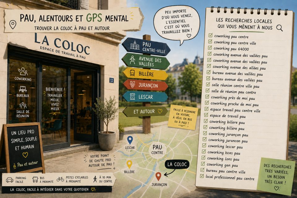 Façade de La Coloc, espace de coworking à Pau, avec panneau humoristique et indications claires.